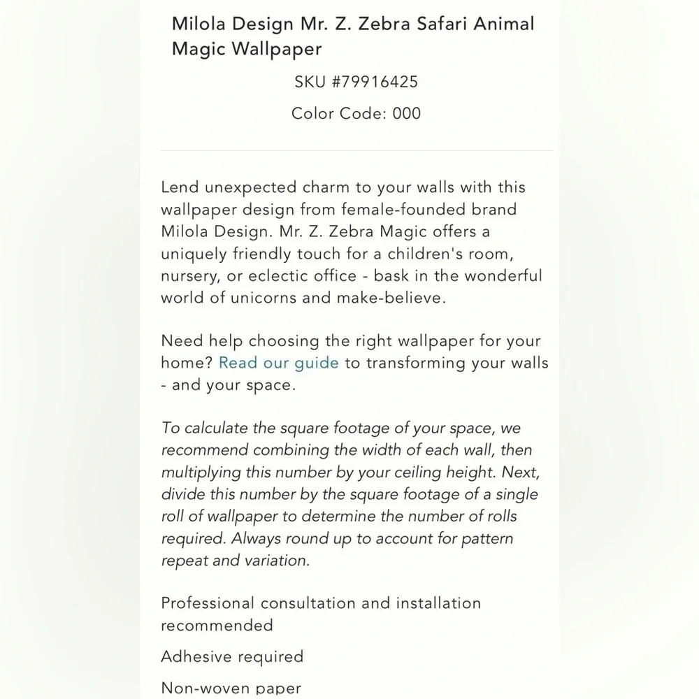 Anthropologie x Mr. Z. Zebra Safari Animal Magic  Wallpaper NIP